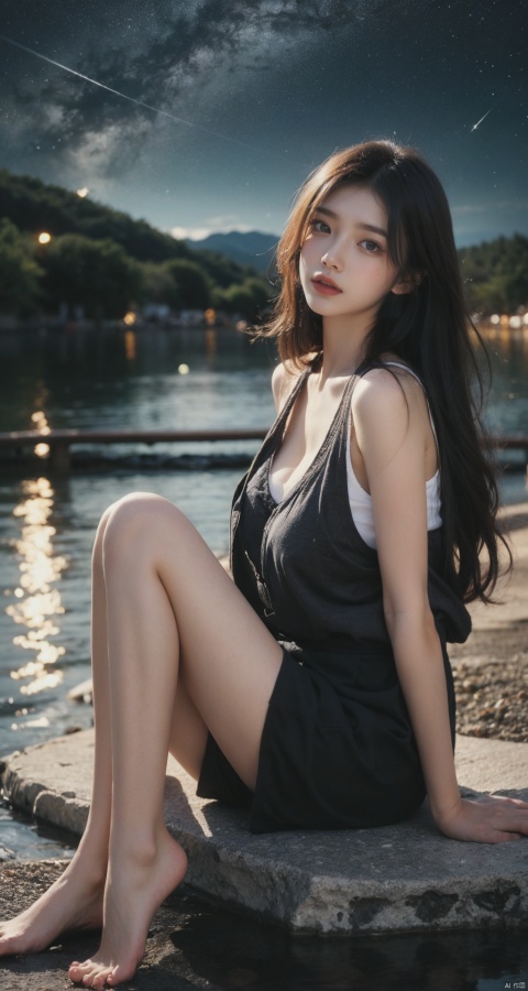 A girl sitting by the lake, comfortably enjoying the beautiful night, black hair, long hair, big waves, natural beauty, colorful starry sky, shadows reflecting on the lake surface, wearing a sexy suspender short skirt, deep blue short skirt, wearing a piece of clothing, sitting posture, peaceful environment, peaceful mood, starry sky, comfortable position, young girl, innocent expression, up close ups, close-up, (big chest: 1.6), ultra-high resolution images, high-definition resolution, 1girl, linzhiling, ((poakl))