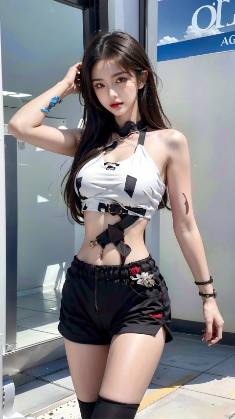  1girl, Half body,large breasts,temptation,aoa,midriff,Thighs,police uniform,Hourglass body shape,Inside,The picture is clean,Bare arms, 
Bare shoulders,Different postures,Stand,6/2000 
Walking