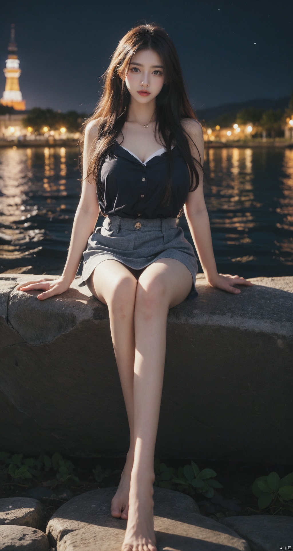  A girl sitting by the lake, comfortably enjoying the beautiful night, black hair, long hair, big waves, natural beauty, colorful starry sky, shadows reflecting on the lake surface, wearing a sexy suspender short skirt, deep blue short skirt, wearing a piece of clothing, sitting posture, peaceful environment, peaceful mood, starry sky, comfortable position, young girl, innocent expression, up close ups, close-up, (big chest: 1.6), ultra-high resolution images, high-definition resolution, 1girl, linzhiling, ((poakl))