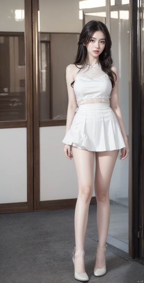  (masterpiece, best quality:1.4),finely detailed,front view,1girl,solo,black long hair,black eyes,standing,(looking_at_viewer:1.1),watson cross,(full body:1.4),slender,tall,White Short skirt,White camisole skirt,hourglass figure, 1 girl