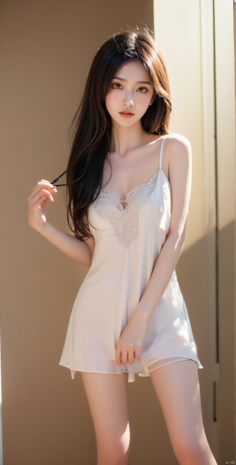  (masterpiece, best quality:1.4),finely detailed,1girl,solo,fair_skin,depth of field,blurred background,shallow smile,Black hair,straight hair,long hair,Thin,21 years old,Advanced,lipstick,black hair,straight_hair,medium breasts,collarbonea,slender,tight,lace,standing,incredibly absurdres,photo,white clothes,Cinematic Lighting,Tyndall effect,On the highway,full body,Barefoot