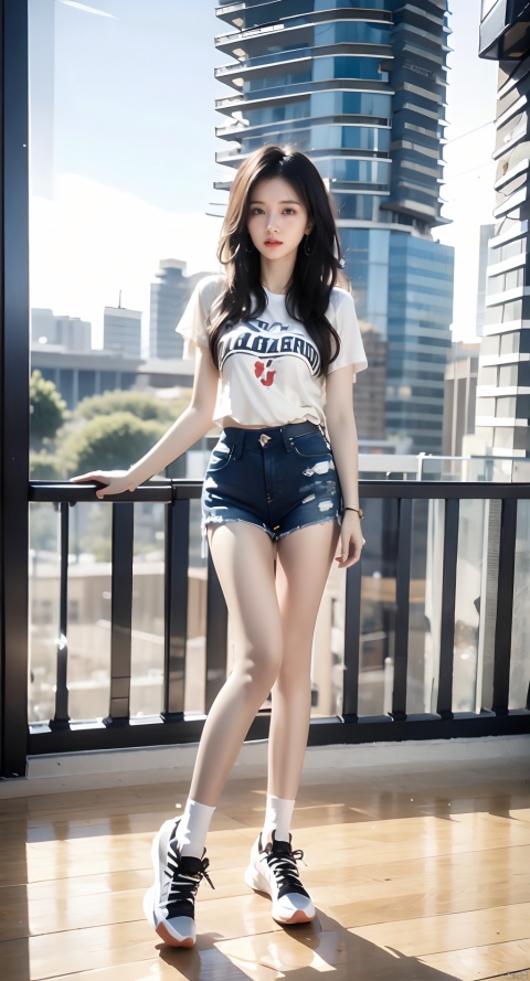  Best quality, masterpiece, super high resolution, 1 girl, looking at the audience, white loose T-shirt, Jean shorts, solo, long hair, brown hair, city background, light up the edge, ponytail,All over,White sneakers, Hourglass body shape