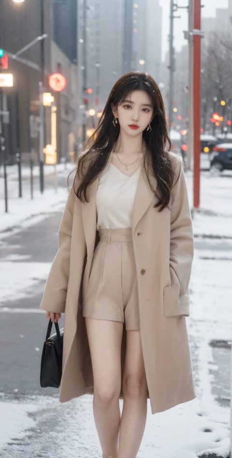  Canon RF85mm f/1.2,masterpiece,best quality,ultra highres,cowbody shot,1 girl,beautiful long legs,(korean mixed,kpop idol:1.2),solo,shiny_skin,very white skin,necklace,earrings,jewelry,(long_brown_wavy_hair,bangs),red_shiny_lips,eyelashes,make-up,shiny,Pore,skin texture,big breasts,(standing outside in snowy city street):1.5, liuyifei,Bare legs,No coat