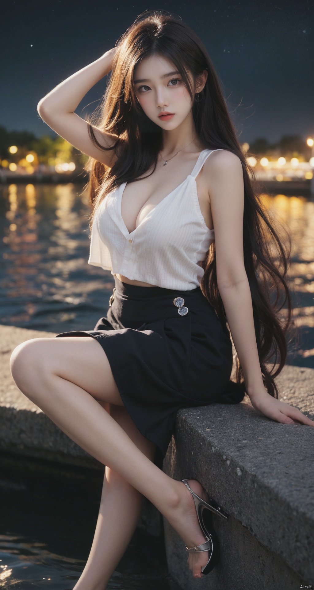  A girl sitting by the lake, comfortably enjoying the beautiful night, black hair, long hair, big waves, natural beauty, colorful starry sky, shadows reflecting on the lake surface, wearing a sexy suspender short skirt, deep blue short skirt, wearing a piece of clothing, sitting posture, peaceful environment, peaceful mood, starry sky, comfortable position, young girl, innocent expression, up close ups, close-up, (big chest: 1.6), ultra-high resolution images, high-definition resolution, 1girl, linzhiling, ((poakl))