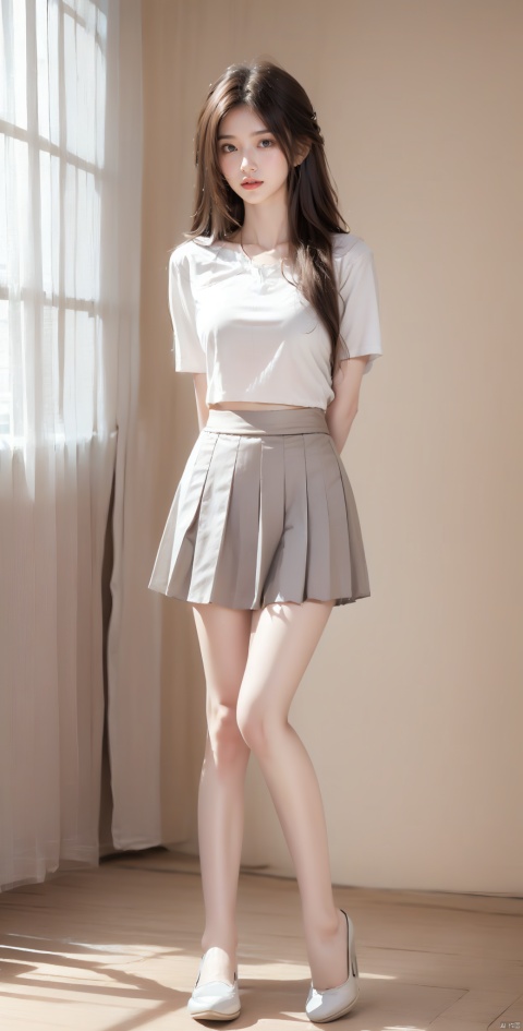 1girl, solo, long hair, looking at viewer, skirt, shirt, black hair, brown eyes, standing, full body, white shirt, short sleeves, pleated skirt, shoes, indoors, black skirt, lips, arms behind back, white footwear, t-shirt, 1gril