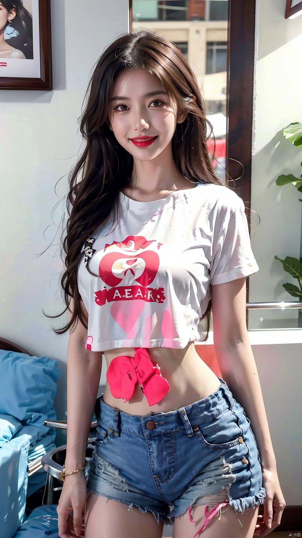  1girl, solo, long hair, breasts, smile, brown hair, shirt, navel, brown eyes, standing, white shirt, short sleeves, cowboy shot, parted lips, shorts, midriff, indoors, water, blurry, lips, crop top, short shorts, bottle, cropped shirt, pink shorts