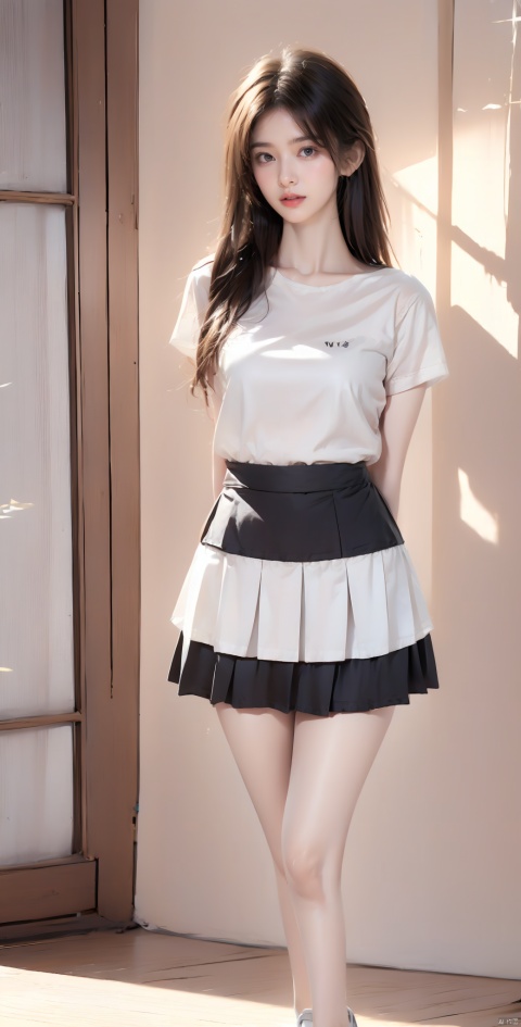 1girl, solo, long hair, looking at viewer, skirt, shirt, black hair, brown eyes, standing, full body, white shirt, short sleeves, pleated skirt, shoes, indoors, black skirt, lips, arms behind back, white footwear, t-shirt, 1gril, ll-hd, Proportions_ STS,yuzu, pf-hd