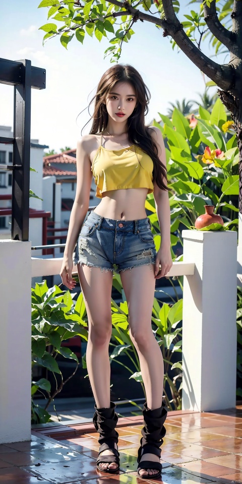 1girl, solo, long hair, looking at viewer, brown hair, shirt, navel, brown eyes, standing, full body, outdoors, parted lips, shorts, day, midriff, tree, lips, crop top, hand on hip, short shorts, sandals, tank top, plant, camisole, yellow shorts, photo background