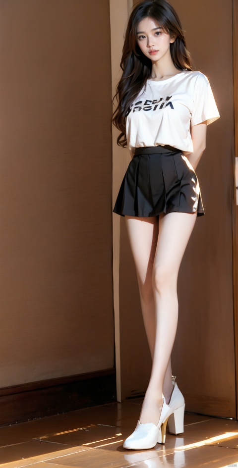  1girl, solo, long hair, looking at viewer, skirt, shirt, black hair, brown eyes, standing, full body, white shirt, short sleeves, pleated skirt, shoes, indoors, black skirt, lips, arms behind back, white footwear, t-shirt, Hourglass body shape