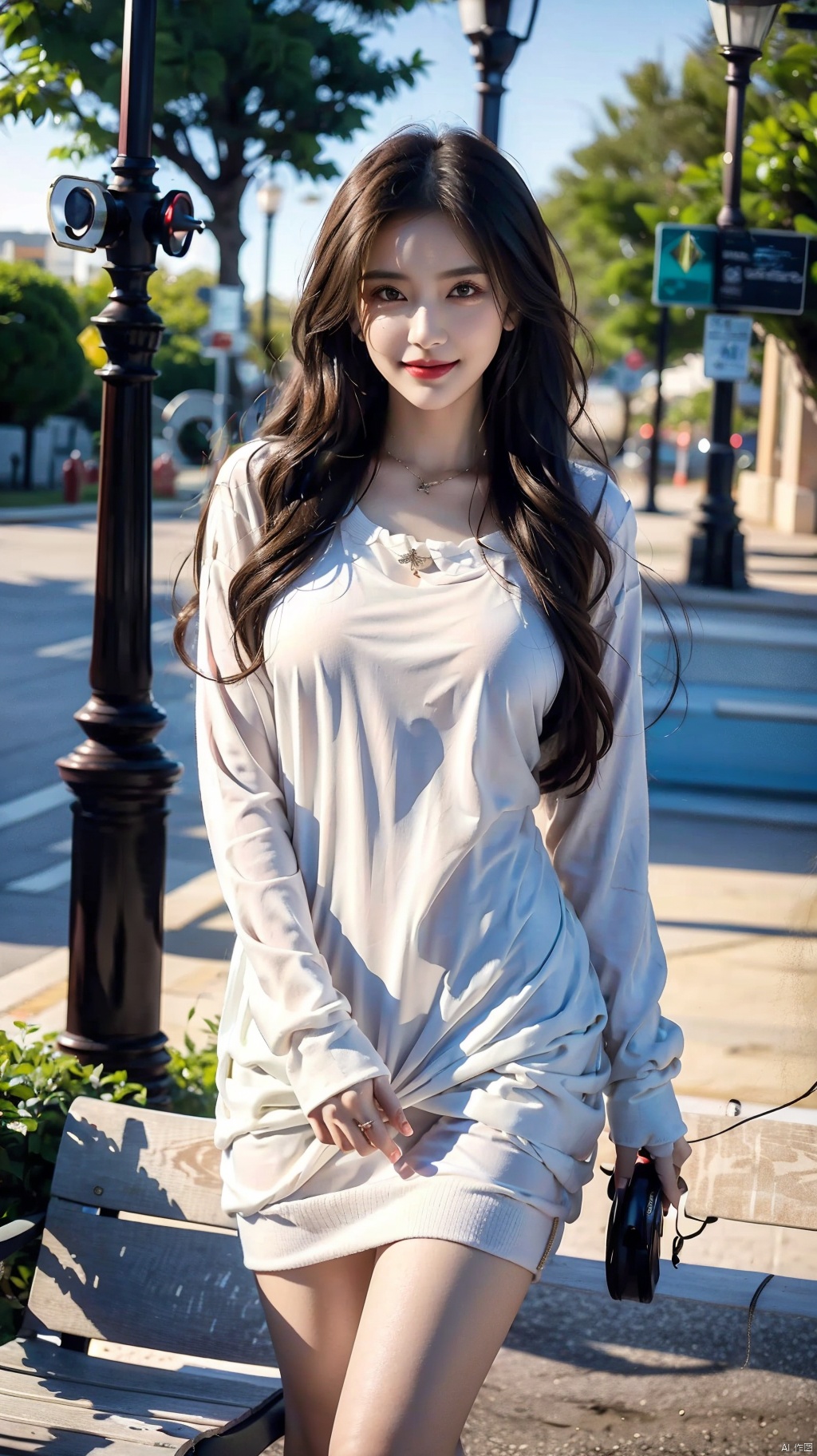 1girl, solo, long hair, looking at viewer, smile, brown hair, black hair, dress, brown eyes, jewelry, cowboy shot, outdoors, day, necklace, sweater, tree, lips, ring, realistic, white sweater, bench, sweater dress, lamppost, park