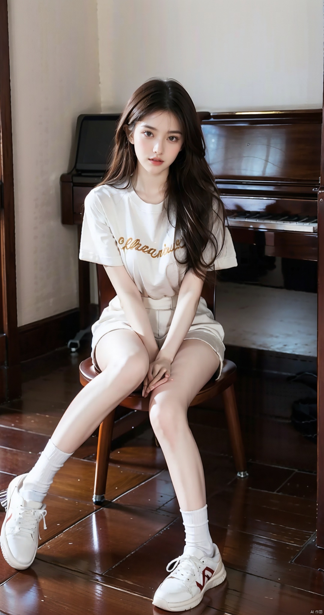 1girl, solo, looking at viewer, bangs, brown hair, shirt, brown eyes, sitting, full body, short sleeves, shoes, socks, indoors, sweater, lips, chair, white footwear, sneakers, instrument, wooden floor, 