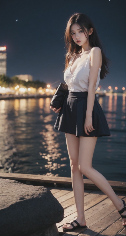  A girl sitting by the lake, comfortably enjoying the beautiful night, black hair, long hair, big waves, natural beauty, colorful starry sky, shadows reflecting on the lake surface, wearing a sexy suspender short skirt, deep blue short skirt, wearing a piece of clothing, sitting posture, peaceful environment, peaceful mood, starry sky, comfortable position, young girl, innocent expression, up close ups, close-up, (big chest: 1.6), ultra-high resolution images, high-definition resolution, 1girl, linzhiling, ((poakl))