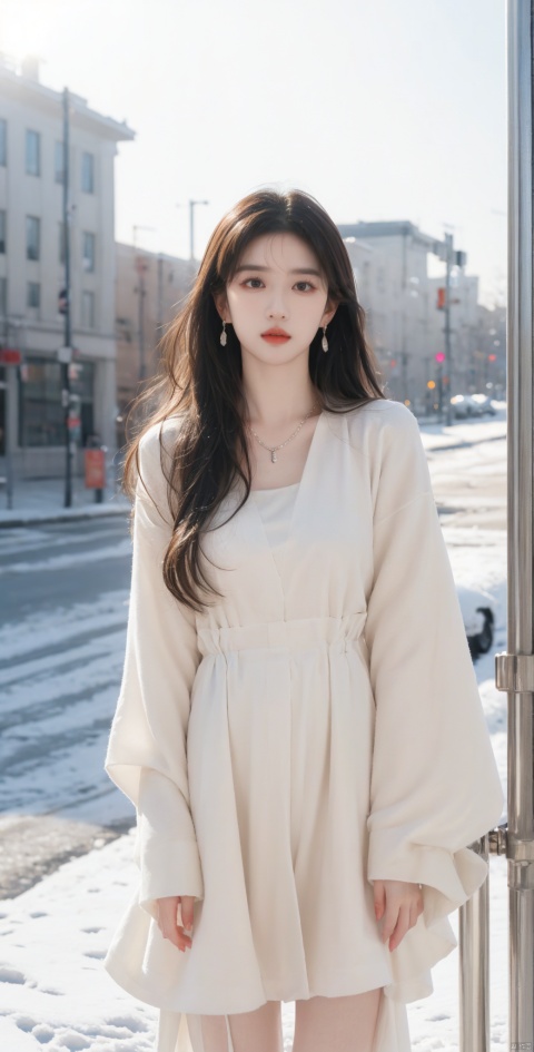  Canon RF85mm f/1.2,masterpiece,best quality,ultra highres,cowbody shot,1 girl,beautiful long legs,(korean mixed,kpop idol:1.2),solo,shiny_skin,very white skin,necklace,earrings,jewelry,(long_brown_wavy_hair,bangs),red_shiny_lips,eyelashes,make-up,shiny,Pore,skin texture,big breasts,(standing outside in snowy city street):1.5, liuyifei