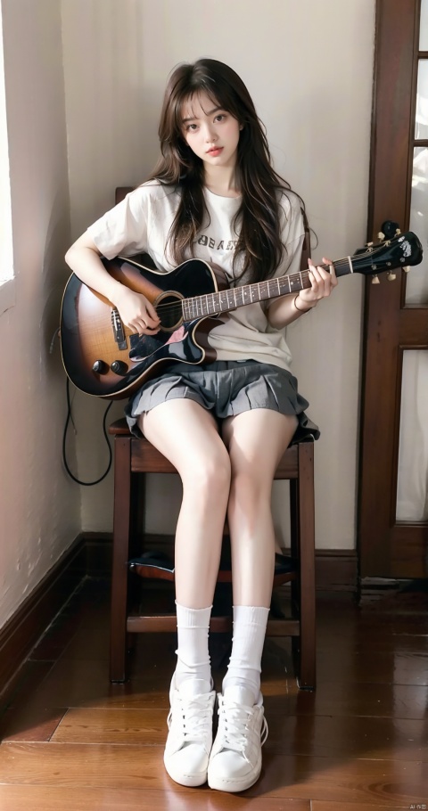 1girl, solo, looking at viewer, bangs, brown hair, shirt, brown eyes, sitting, full body, short sleeves, shoes, socks, indoors, sweater, lips, chair, white footwear, sneakers, instrument, wooden floor, guitar