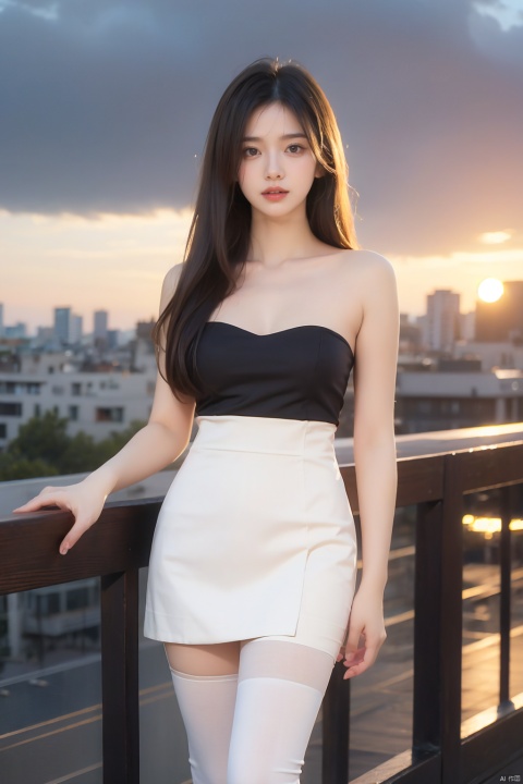  Frontal photography,Look front,evening,dark clouds,the setting sun,On the city rooftop,A 20 year old female,white top,black Leggings,black hair,long hair,dark theme,high contrast,natural skin texture,A dim light,high clarity,sky background,Facial highlights,Strapless,Silk stockings,1girl,solo,fair_skin,skinny,slender,straight_hair,lipstick,bright_pupils,collarbonea,medium breasts,narrow_waist,strapless_dress,sleeveless_dress,kneehighs,tight,lace,standing,incredibly absurdres,reality,blurry,medium_shot,eyes_focus,