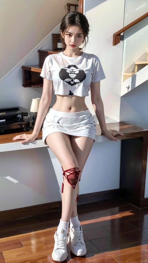  1girl, solo, breasts, looking at viewer, short hair, skirt, shirt, black hair, navel, brown eyes, medium breasts, sitting, full body, white shirt, short sleeves, parted lips, shoes, socks, midriff, miniskirt, stomach, lips, crop top, abs, white footwear, white skirt, white socks, sneakers, stairs, realistic