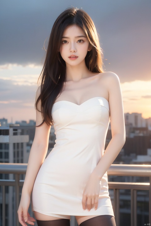  Frontal photography,Look front,evening,dark clouds,the setting sun,On the city rooftop,A 20 year old female,white top,black Leggings,black hair,long hair,dark theme,high contrast,natural skin texture,A dim light,high clarity,sky background,Facial highlights,Strapless,Silk stockings,1girl,solo,fair_skin,skinny,slender,straight_hair,lipstick,bright_pupils,collarbonea,medium breasts,narrow_waist,strapless_dress,sleeveless_dress,kneehighs,tight,lace,standing,incredibly absurdres,reality,blurry,medium_shot,eyes_focus,