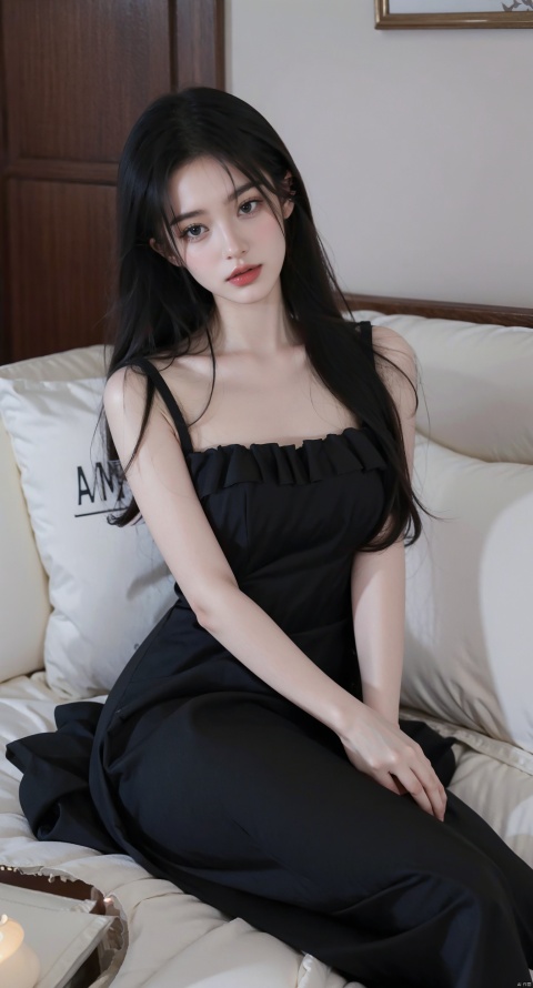 1girl, solo, long hair, black hair, dress, indoors, black dress, english text, pillow, bed, arm support, head out of frame