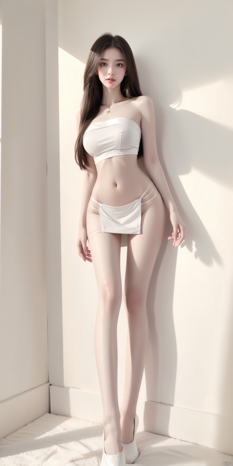  A girl, long hair,white yarn dress, strapless,, navel, lower abdomen, black pantyhose, sneaker, whole body, slim fit, slim figure, long legs, beautiful legs, glowing, soft light, tutult, pantyhose, 1girl,Put your hands on your hips, Hourglass body shape,Fair Skin,pf-hd,Short skirts
