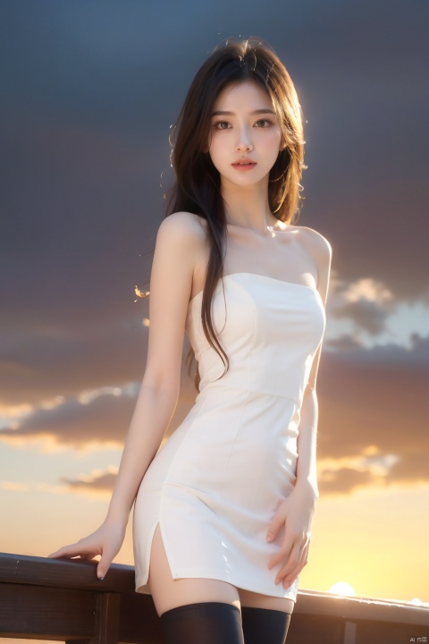  Frontal photography,Look front,evening,dark clouds,the setting sun,On the city rooftop,A 20 year old female,white top,black Leggings,black hair,long hair,dark theme,high contrast,natural skin texture,A dim light,high clarity,sky background,Facial highlights,Strapless,Silk stockings,1girl,solo,fair_skin,skinny,slender,straight_hair,lipstick,bright_pupils,collarbonea,medium breasts,narrow_waist,strapless_dress,sleeveless_dress,kneehighs,tight,lace,standing,incredibly absurdres,reality,blurry,medium_shot,eyes_focus,