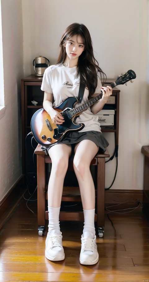 1girl, solo, looking at viewer, bangs, brown hair, shirt, brown eyes, sitting, full body, short sleeves, shoes, socks, indoors, sweater, lips, chair, white footwear, sneakers, instrument, wooden floor, guitar