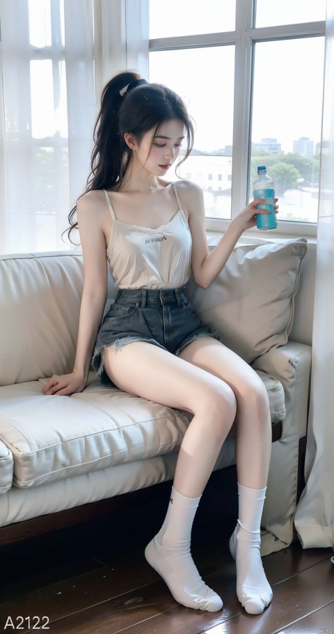 1girl, solo, long hair, brown hair, black hair, holding, sitting, full body, ponytail, shorts, socks, indoors, pillow, short shorts, window, watermark, sunlight, bottle, curtains, white socks, couch, web address, camisole, realistic, drinking, water bottle