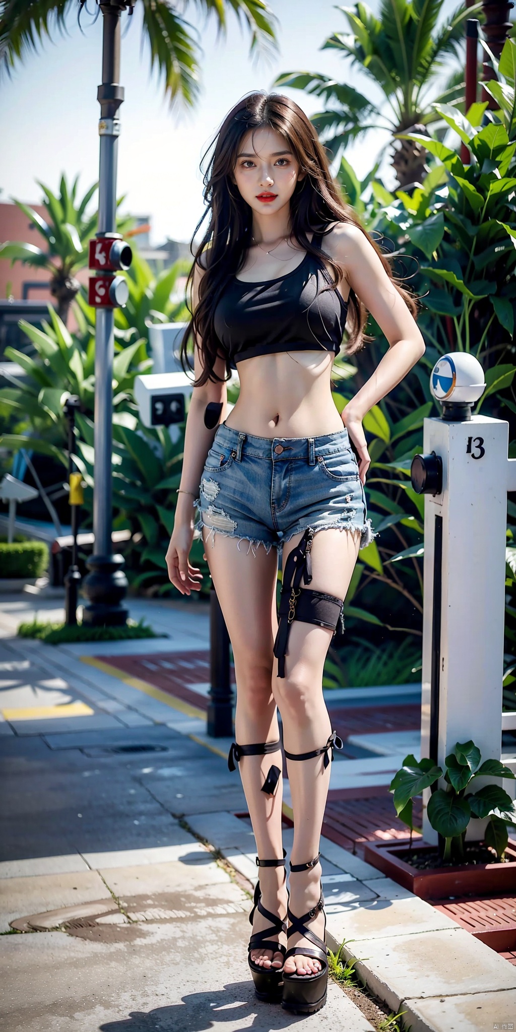 1girl, solo, long hair, looking at viewer, brown hair, shirt, navel, brown eyes, standing, full body, outdoors, parted lips, shorts, day, midriff, tree, lips, crop top, hand on hip, short shorts, sandals, **** top, plant, camisole, yellow shorts, photo background