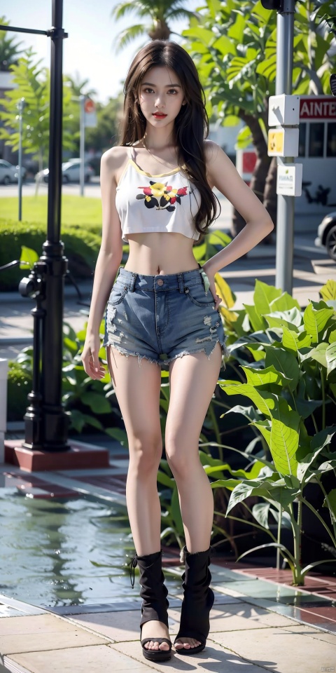 1girl, solo, long hair, looking at viewer, brown hair, shirt, navel, brown eyes, standing, full body, outdoors, parted lips, shorts, day, midriff, tree, lips, crop top, hand on hip, short shorts, sandals, tank top, plant, camisole, yellow shorts, photo background