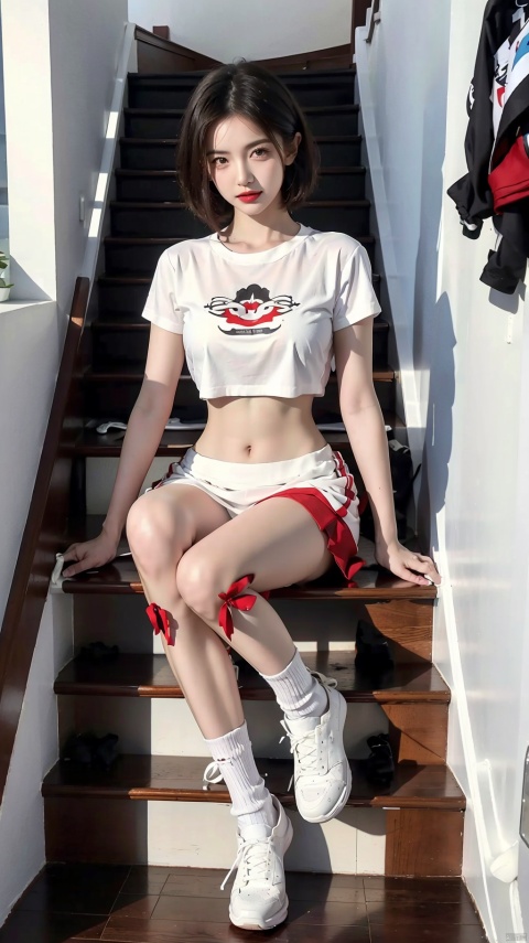  1girl, solo, breasts, looking at viewer, short hair, skirt, shirt, black hair, navel, brown eyes, medium breasts, sitting, full body, white shirt, short sleeves, parted lips, shoes, socks, midriff, miniskirt, stomach, lips, crop top, abs, white footwear, white skirt, white socks, sneakers, stairs, realistic