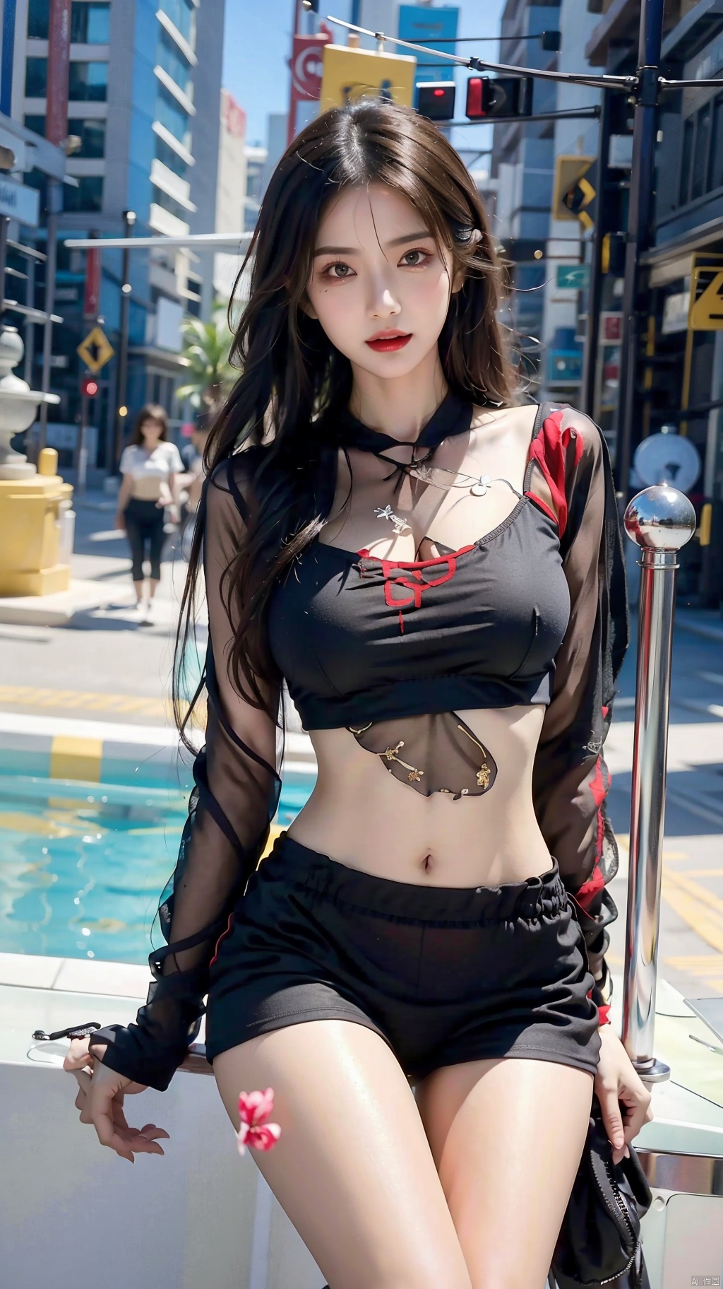  1girl, Half body,large breasts,temptation,aoa,midriff,Thighs,see-through,police uniform,Hourglass body shape
