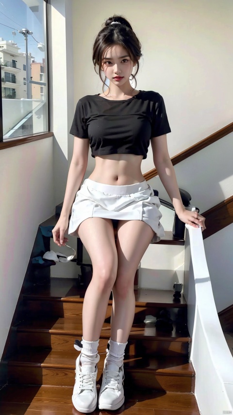  1girl, solo, breasts, looking at viewer, short hair, skirt, shirt, black hair, navel, brown eyes, medium breasts, sitting, full body, white shirt, short sleeves, parted lips, shoes, socks, midriff, miniskirt, stomach, lips, crop top, abs, white footwear, white skirt, white socks, sneakers, stairs, realistic