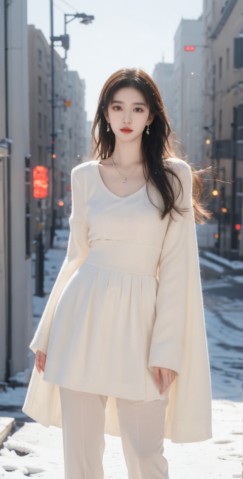  Canon RF85mm f/1.2,masterpiece,best quality,ultra highres,cowbody shot,1 girl,beautiful long legs,(korean mixed,kpop idol:1.2),solo,shiny_skin,very white skin,necklace,earrings,jewelry,(long_brown_wavy_hair,bangs),red_shiny_lips,eyelashes,make-up,shiny,Pore,skin texture,big breasts,(standing outside in snowy city street):1.5, liuyifei