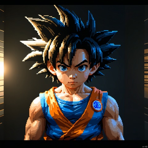 Pixel style, cute and mysterious Dragon Ball, Goku, realistic, dramatic lighting, 8k, portrait, fine details, photo realism, movie, complex details, movie lighting, photo realism 8k