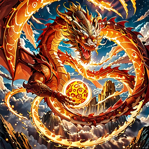 Descent of the Dragon: Draw a massive dragon spiraling through the sky, its scales shimmering with dazzling light, encircled by the seven Dragon Balls.