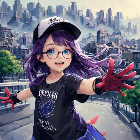 alalei, 1girl, solo, glasses, gloves, purple hair, blue eyes, outstretched arms, winged hat, hat, shirt, baseball cap, city background, open mouth, t-shirt, female child, smile, looking at viewer, child 