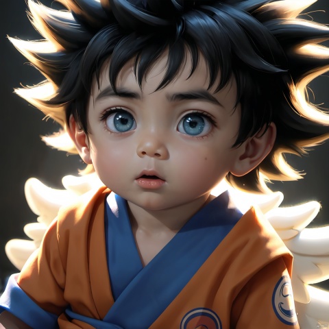  pixar style cute mystical babay Son Goku , realistic, dramatic lighting, 8k, portrait, fine details, photorealism, cinematic ,intricate details, cinematic lighting, photo realistic 8k, Angel, xgc, Illustrator