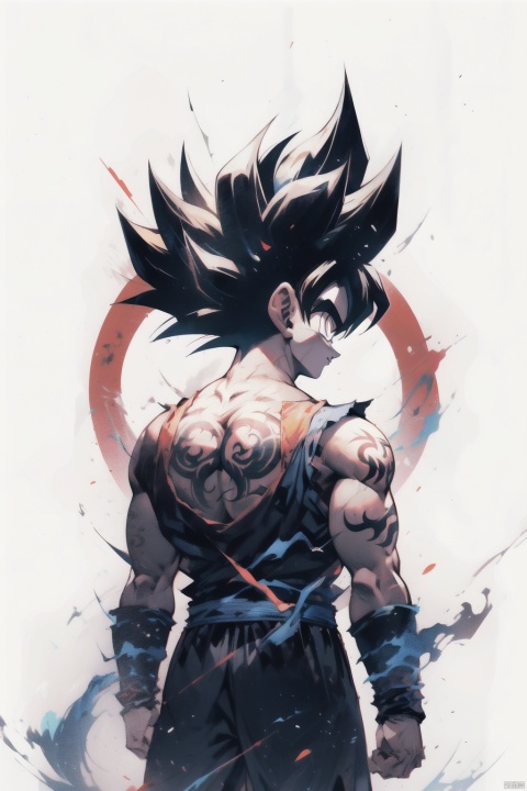 The artwork depicts the protagonist of Dragon Ball, Kakarot, standing at the center with his back facing forward. He showcases a profile view of his half-face, revealing a determined expression. Adorning his arms are tattoos featuring the iconic symbol of Kakarot.