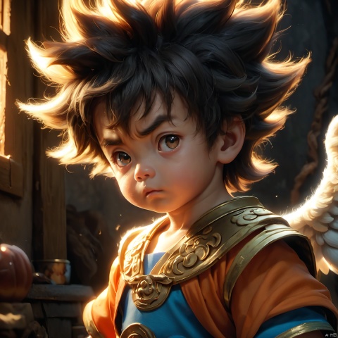 pixar style cute mystical  babay Son Goku , realistic, dramatic lighting, 8k, portrait, fine details, photorealism, cinematic ,intricate details, cinematic lighting, photo realistic 8k, Angel, xgc, Illustrator