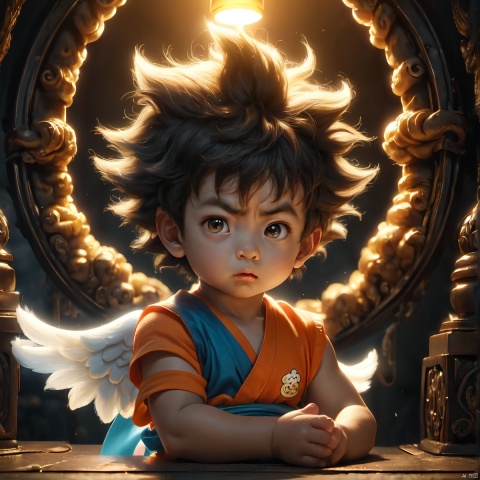 pixar style cute mystical  babay Son Goku , realistic, dramatic lighting, 8k, portrait, fine details, photorealism, cinematic ,intricate details, cinematic lighting, photo realistic 8k, Angel, xgc, Illustrator