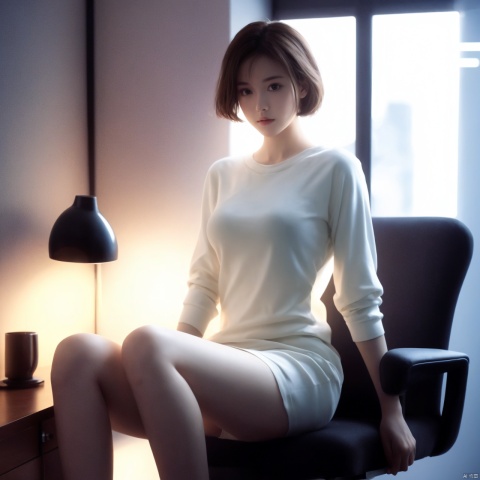  1 sexy girl,sitting in office,full_body,big_breasts,[master piece:1.2],best quality,extremely detailed CG,perfect lighting,8k wallpaper,photograph,3D
,short hair,book,sitting in a house