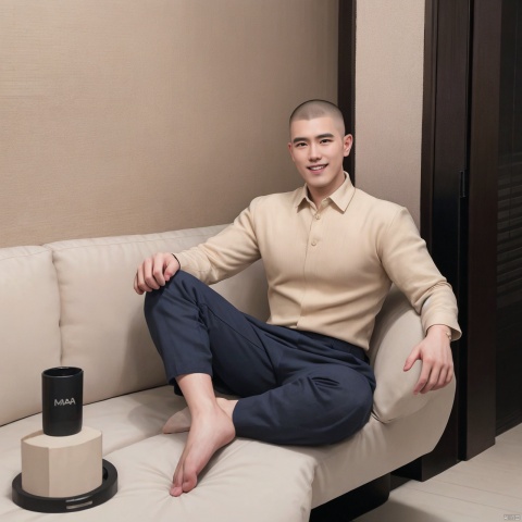  1 strong male,(Buzz Cut=1.331),(sitting in house=1.3),full_body,[master piece:1.2],best quality,extremely detailed CG,perfect lighting,8k wallpaper,photograph,3D,(silly_smile),(Textured Fringe=1.3),nsfw,(wear casual cloth=1.3), 1man
