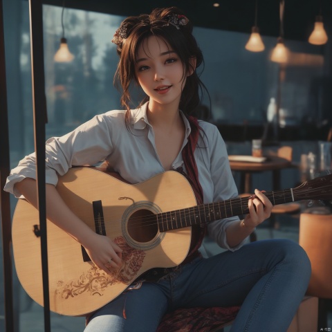  (1 sexy girl=1.3),(white girl face=1.3),(topsy tail=1.331),(playing guitar in caffehouse=1.3),(wearing sexy jeans=1.3),full_body,[master piece:1.2],best quality,extremely detailed CG,natrual lighting,8k wallpaper,photograph,3D,(laugh=1.3),realism,nsfw, , poakl ggll girl