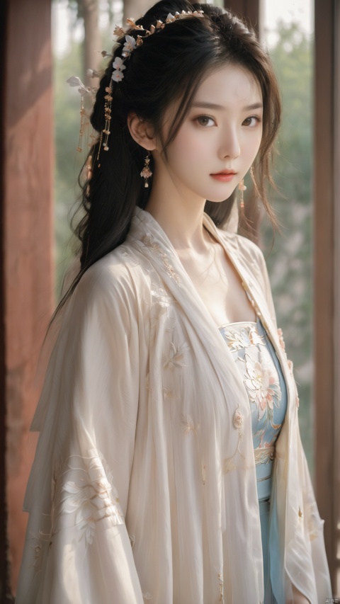  A girl with (white hair),(((wearing a black Song style hanfu,song style decorations,black Longshan,black Songmo,wide sleeve,fairy))),,(big_breasts:1.5),
,Best quality,realistic,photorealistic,masterpiece,extremely detailed CG unity 8k wallpaper,best illumination,best shadow,huge filesize,incredibly absurdres,absurdres,looking at viewer,(big_breasts:1.5),
vase,petals,Classical architecture,Traditional architecture,Chinese style,room,ancient Chinese style,detailed background,wide shot background,
1gilr,(white hair),Hairpins,hair ornament,slim,narrow waist,(huge breasts:1.5),Full chest,perfect eyes,beautiful perfect face,perfect female figure,detailed skin,delicate pattern,detailed complex and rich exquisite clothing detail,delicate intricate,
fabrics,charming,alluring,seductive,erotic,enchanting,
, HanFu, daxiushan, FilmGirl,arien_hanfu, sunlight