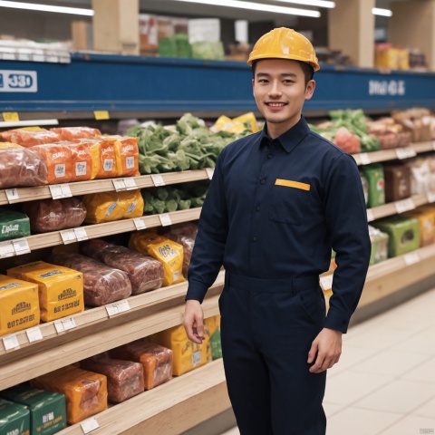  1 strong male,(short_hair=1.331),(standing in supermarket=1.3),full_body,[master piece:1.2],best quality,extremely detailed CG,perfect lighting,8k wallpaper,photograph,3D,(silly_smile),(balck_hair),nsfw,(wear blue Construction Worker uniform=1.3),