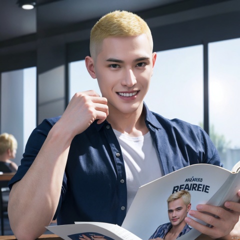  1 strong male,(Buzz Cut=1.331),(reading in coffe house=1.3),full_body,[master piece:1.2],best quality,extremely detailed CG,perfect lighting,8k wallpaper,photograph,3D,(silly_smile),(blonde_hair),nsfw,(wear casual shirt=1.3), 