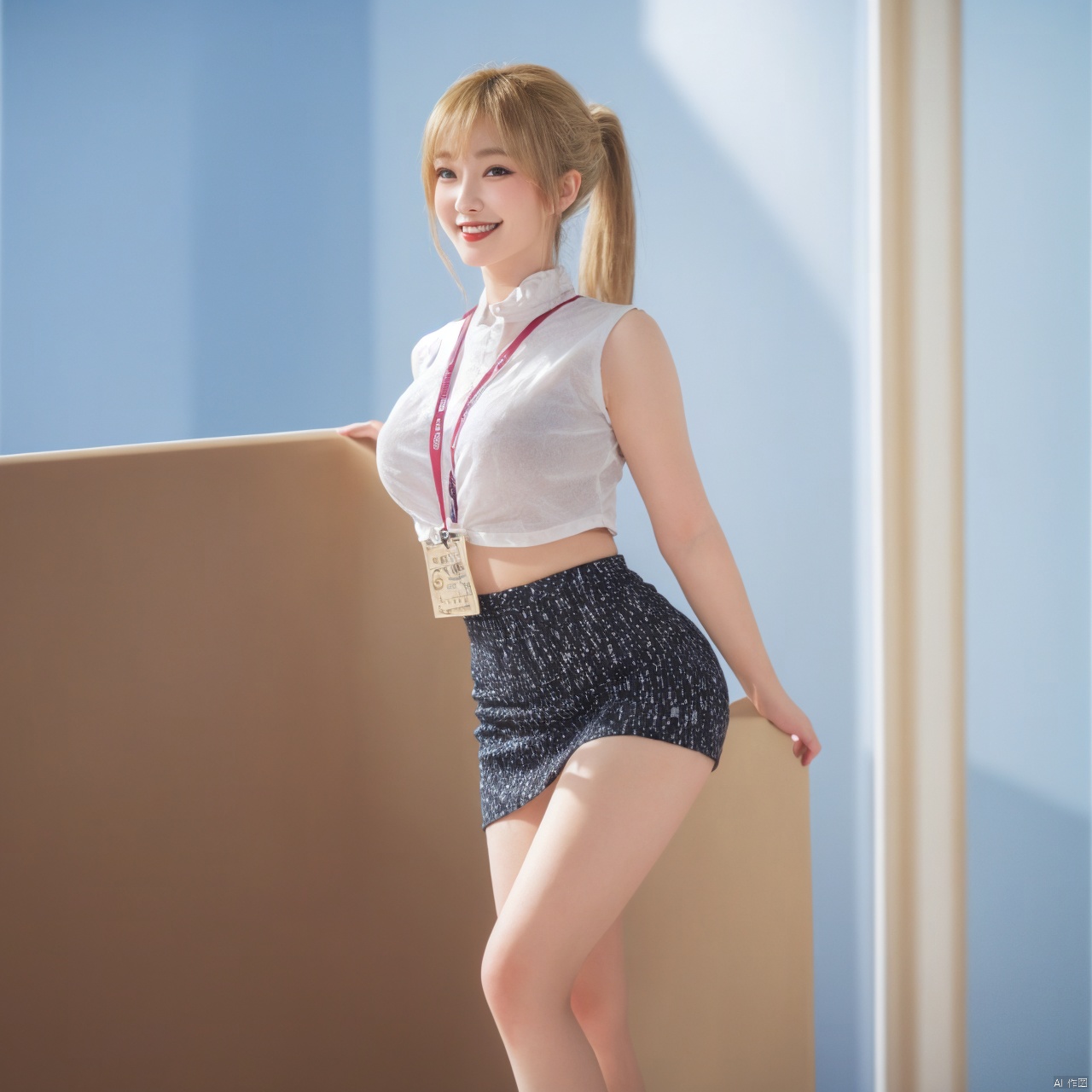  1 sexy girl,(ponytail=1.331),(standing in bank=1.3),full_body,[master piece:1.2],best quality,extremely detailed CG,perfect lighting,8k wallpaper,photograph,3D,(silly_smile),(blonde_hair),nsfw,(wear bank uniform=1.3)
