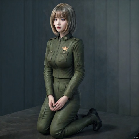  (1 sexy girl=1.3),(frizzled hair=1.331),(grey hair=1.3),(sexy military uniform=1.3),(kneeling in camp=1.3),full_body,[master piece:1.2],best quality,extremely detailed CG,natrual lighting,8k wallpaper,photograph,3D,(Longing=1.3),realism,nsfw, , junzhuangsp