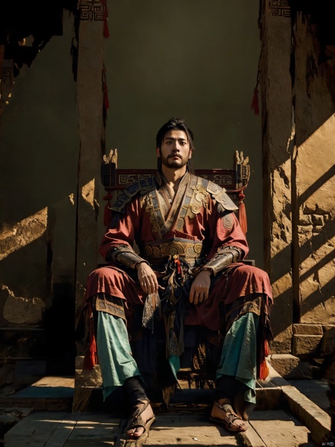  Ancient Chinese emperors,sitting_down in the throne,40 years old,male, mature, male focus,abs, alone, solo,houtufeng,taoist,letterboxed,better hand, best quaity, normal fingers,normal legs, ,ys,midjourney portrait, , LianmoNan, Light master, yfbanshen