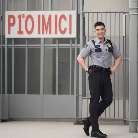 1 strong male,(short_hair=1.331),(standing in prison=1.3),full_body,[master piece:1.2],best quality,extremely detailed CG,perfect lighting,8k wallpaper,photograph,3D,(silly_smile),(grey_hair),nsfw,(wear police uniform=1.3)
