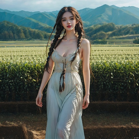  (1 sexy girl=1.3),(twin_braids=1.331),（standing in farmland=1.3),(farmer_uniform=1.3),full_body,[master piece:1.2],best quality,extremely detailed CG,perfect lighting,8k wallpaper,photograph,3D,(chuckling=1.3), Asian girl,nsfw,(wear white long dress=1.3),(big_breasts=1.3)